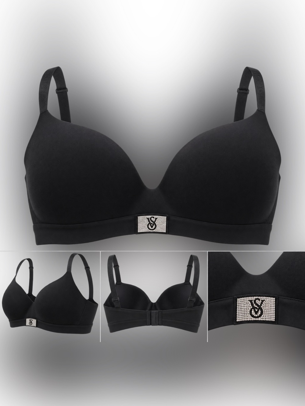 Victoria's Secret Black Molded T-Shirt Bra with Rhinestone Logo Accent